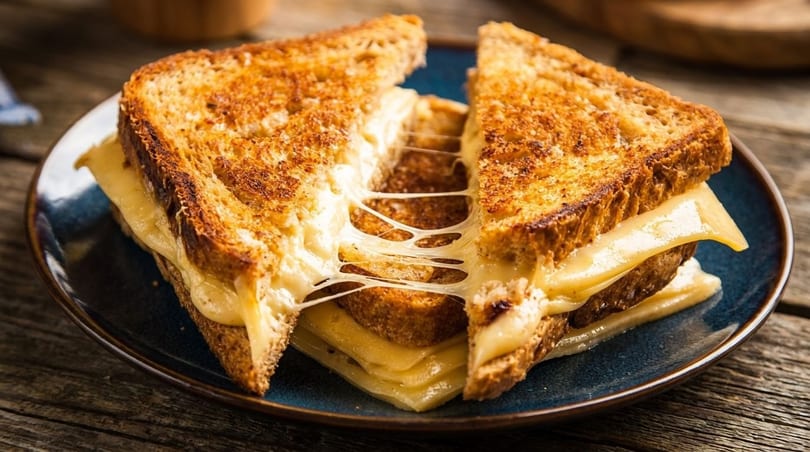 A grilled cheese sandwich, cut in half, with melted cheese stretching between the halves on a blue plate.