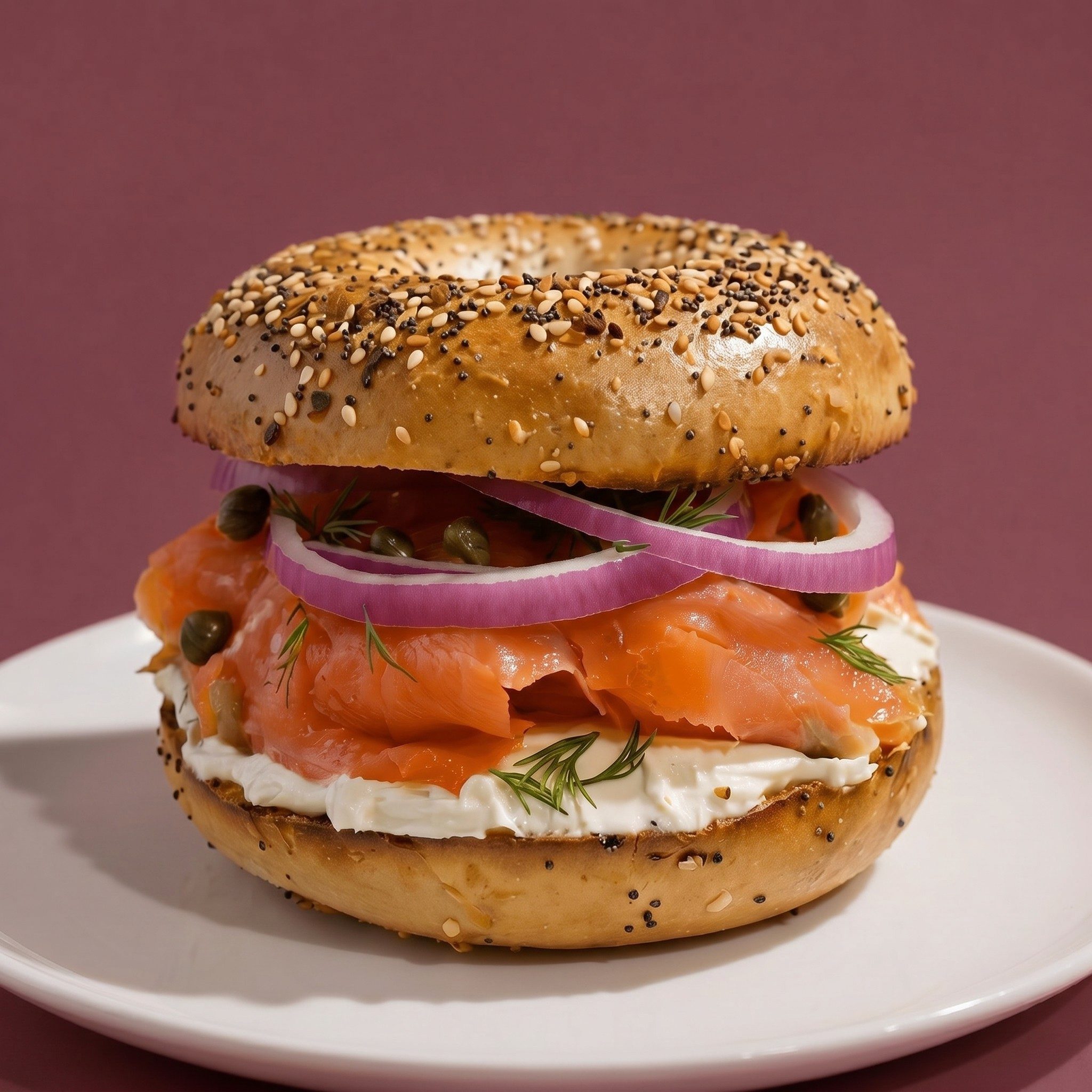 Bagel with Nova, Cream Cheese, Tomato, and Onion.