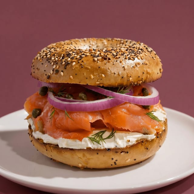 Bagel with Nova, Cream Cheese, Tomato, and Onion.