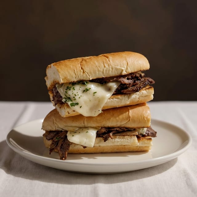 Hot Roast Beef, Mozzarella Cheese, and Gravy Sandwich.