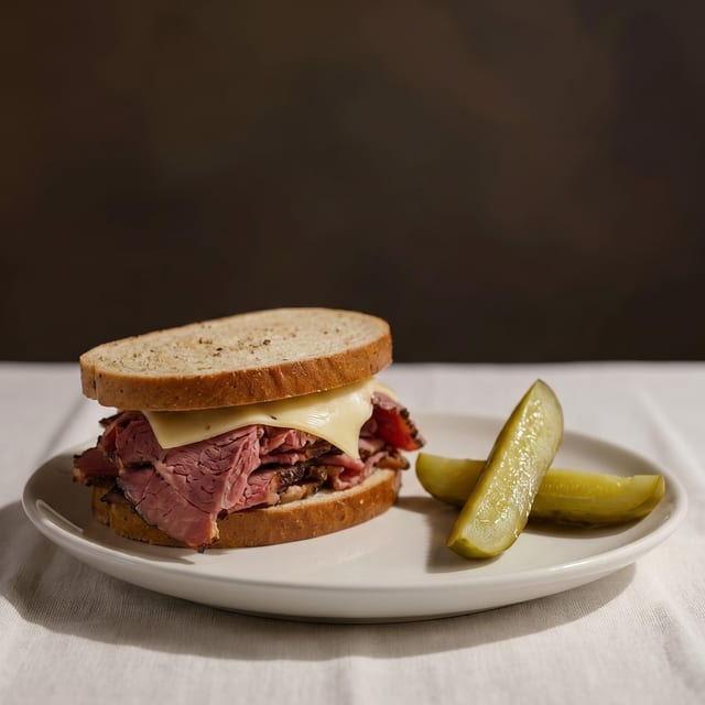 Hot Pastrami or Hot Corned Beef Sandwich on Rye.